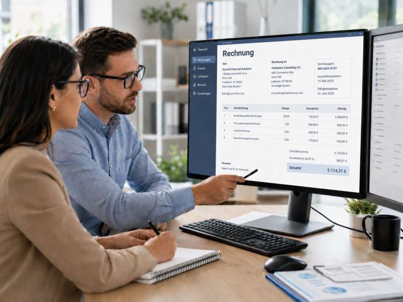 Zwei Buchhalter analysieren eine digitale Rechnung vor dem Computer